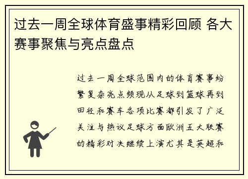过去一周全球体育盛事精彩回顾 各大赛事聚焦与亮点盘点