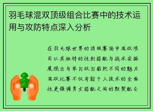 羽毛球混双顶级组合比赛中的技术运用与攻防特点深入分析
