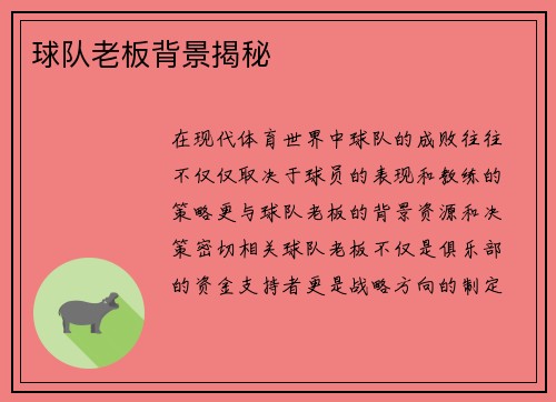球队老板背景揭秘